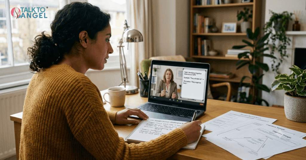 Person using CBT techniques with an online therapist to manage negative thinking linked to personality disorders.