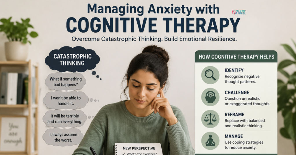 Person managing anxiety with cognitive therapy techniques to overcome catastrophic thinking and build emotional resilience.