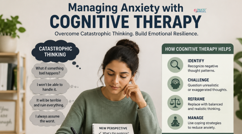 Person managing anxiety with cognitive therapy techniques to overcome catastrophic thinking and build emotional resilience.
