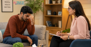 A person receiving therapies for anxiety, depression, and stress with a professional psychologist.