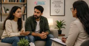 A couple is attending a therapy session to address relationship problems and improve communication, trust, & emotional connection.