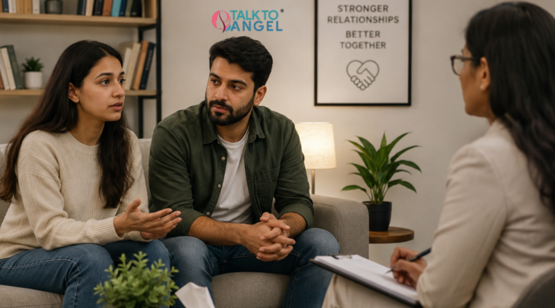 A couple is attending a therapy session to address relationship problems and improve communication, trust, & emotional connection.