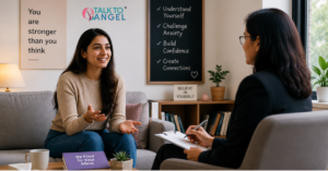 Person overcoming social anxiety through online counselling and building confidence in social interactions.