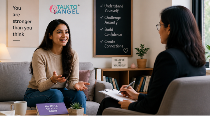 Person overcoming social anxiety through online counselling and building confidence in social interactions.