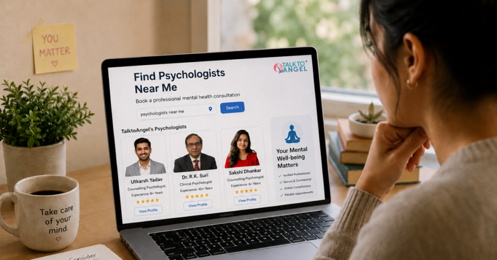 Person searching for psychologists near me online before booking a professional mental health consultation.