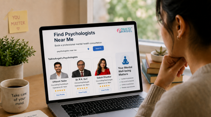 Person searching for psychologists near me online before booking a professional mental health consultation.