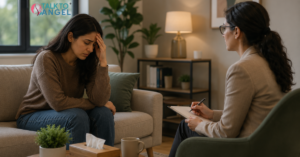 Professional discussing work stress management through online therapy for better mental health and work-life balance.