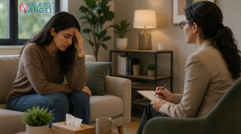 Professional discussing work stress management through online therapy for better mental health and work-life balance.