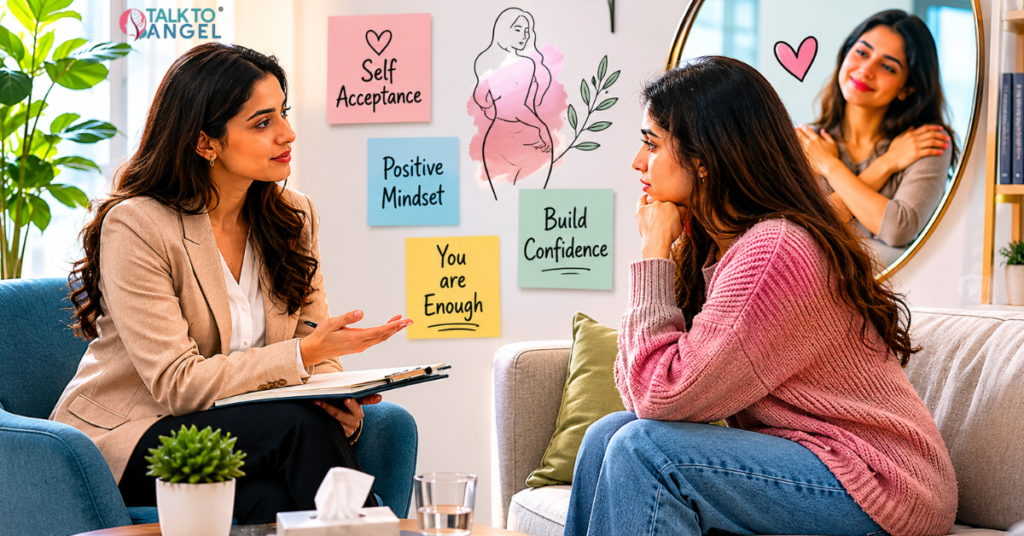 Online therapy session helping a person overcome body image concerns and improve self-esteem.