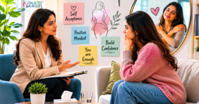 Online therapy session helping a person overcome body image concerns and improve self-esteem.