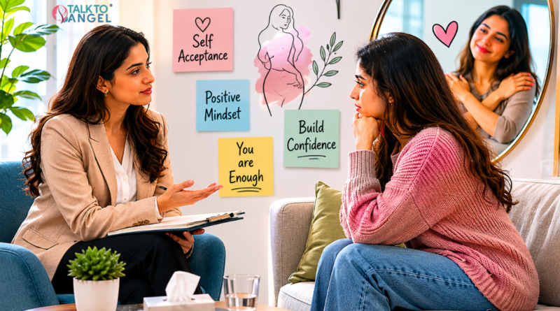 Online therapy session helping a person overcome body image concerns and improve self-esteem.