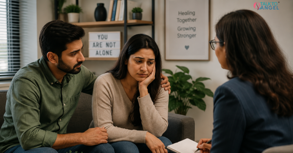 Couple receiving emotional support through couples counselling for infertility and relationship challenges.