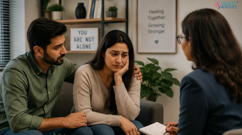 Couple receiving emotional support through couples counselling for infertility and relationship challenges.