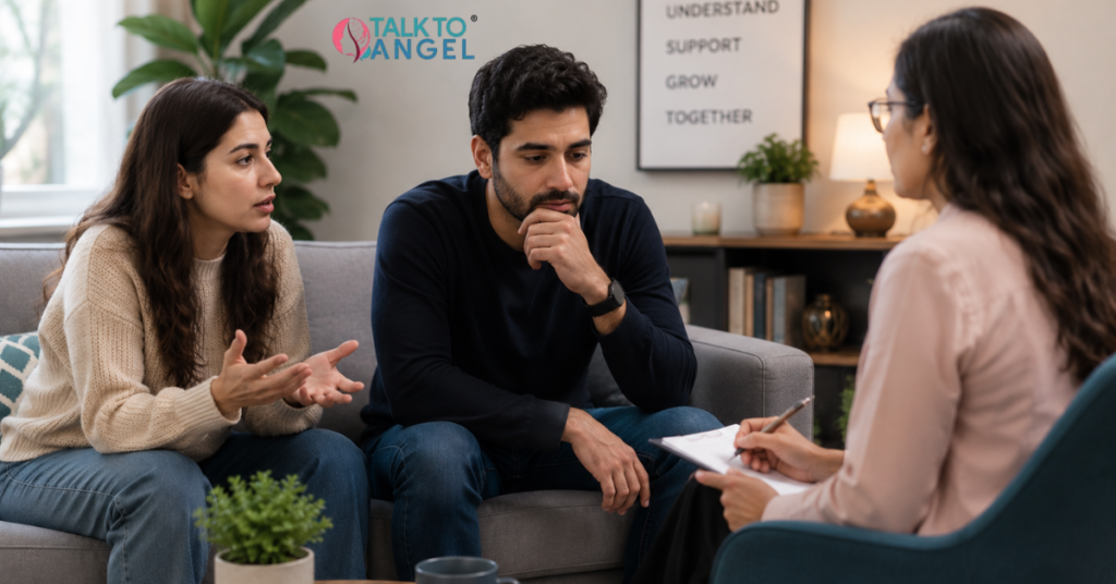Couple discussing relationship concerns with a counsellor during a professional relationship counselling session.