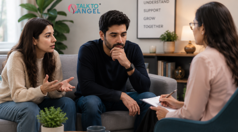 Couple discussing relationship concerns with a counsellor during a professional relationship counselling session.