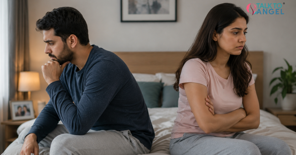 Couple sitting apart on a sofa, highlighting intimacy issues in marriage and emotional disconnection.