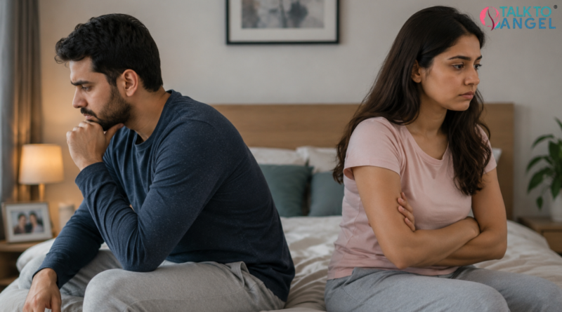 Couple sitting apart on a sofa, highlighting intimacy issues in marriage and emotional disconnection.