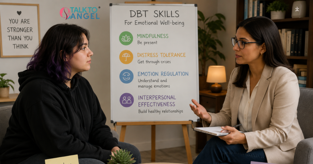 Person learning Dialectical Behaviour Therapy skills with a therapist to manage emotions and reduce self-harming behaviors.