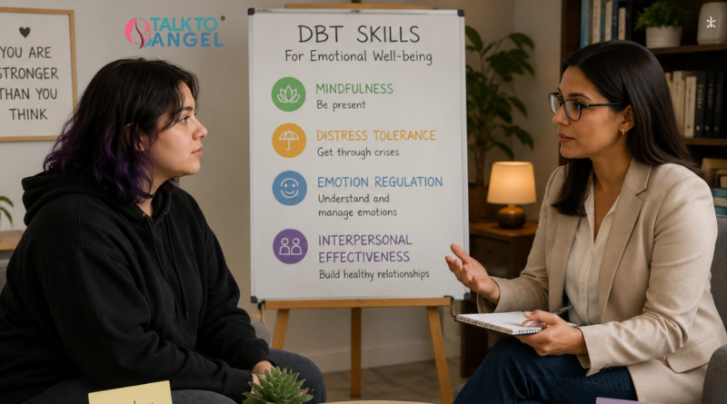 Person learning Dialectical Behaviour Therapy skills with a therapist to manage emotions and reduce self-harming behaviors.