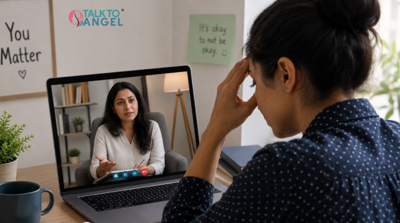 Person attending an online counselling session to manage stress and cope with overwhelming life demands.