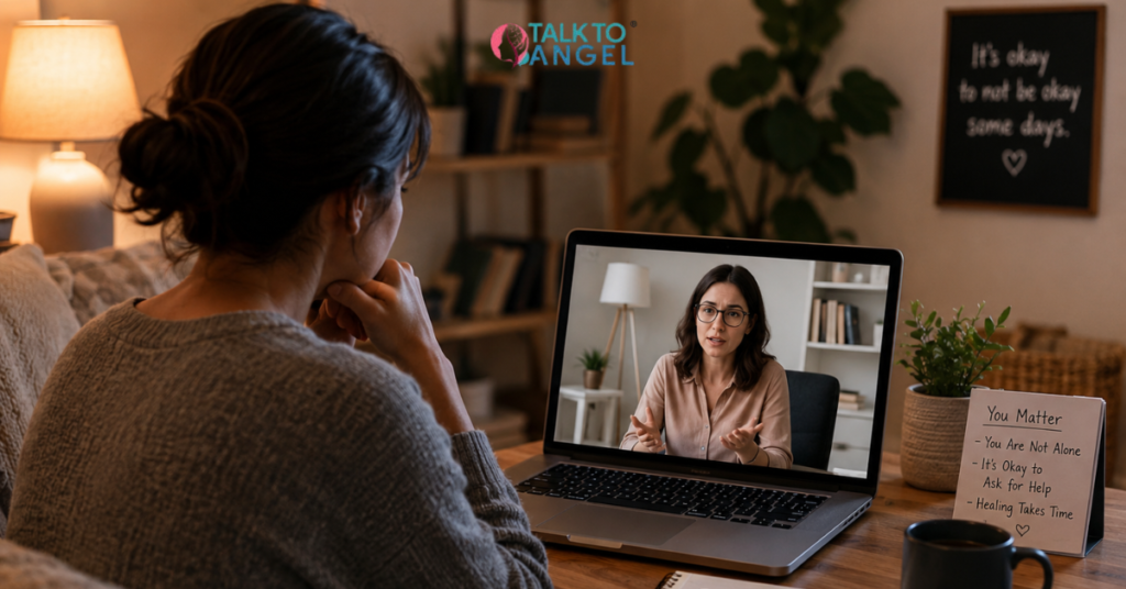 Person attending an online therapy session to cope with loneliness, isolation, and emotional disconnection.