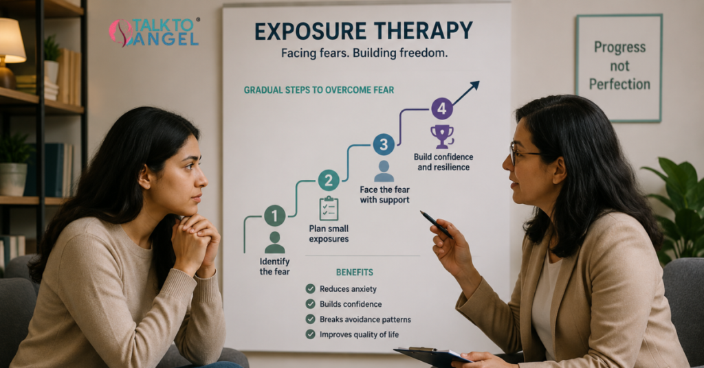 Person working with a therapist to gradually face fears using exposure therapy for anxiety management.