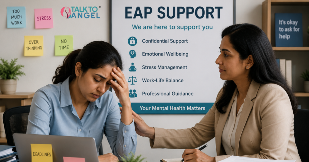 Employee feeling emotionally exhausted at work while receiving mental health support through EAP counselling services.