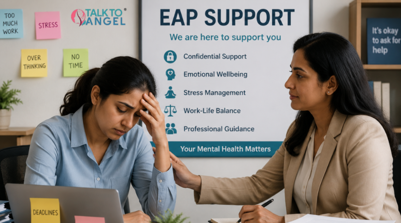 Employee feeling emotionally exhausted at work while receiving mental health support through EAP counselling services.