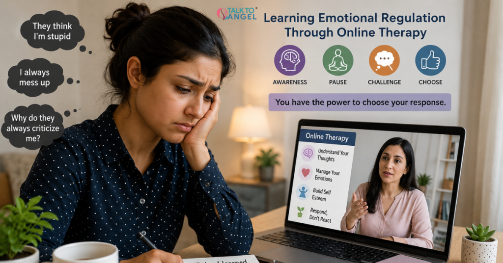 Person feeling emotionally affected by criticism while learning emotional balance through online therapy.