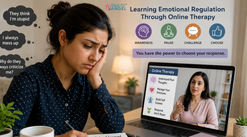 Person feeling emotionally affected by criticism while learning emotional balance through online therapy.