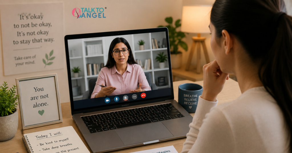 Person receiving online therapy for clinical anxiety & panic attacks through a virtual session.