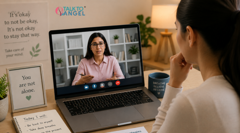 Person receiving online therapy for clinical anxiety & panic attacks through a virtual session.