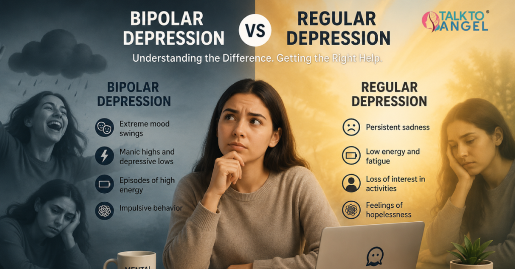 Person attending online counselling session for bipolar depression vs regular depression support.