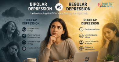 Person attending online counselling session for bipolar depression vs regular depression support.