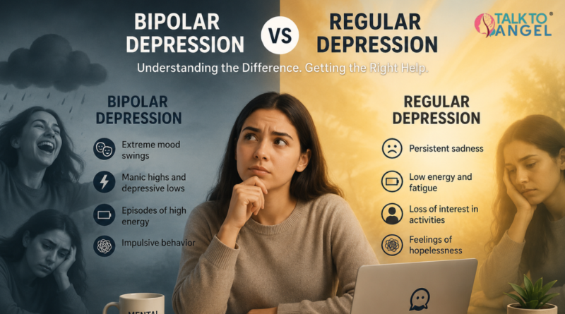 Person attending online counselling session for bipolar depression vs regular depression support.