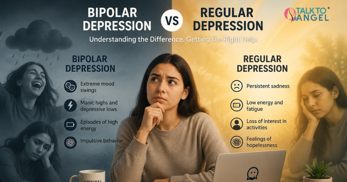 Person attending online counselling session for bipolar depression vs regular depression support.