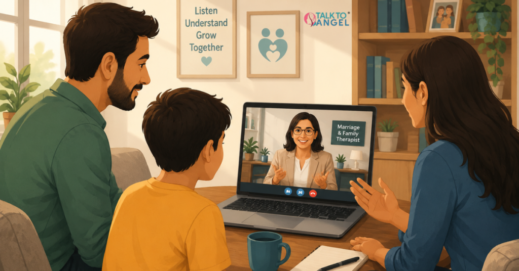 Family discussing in online therapy for family problems session with a marriage and family therapist on a laptop screen