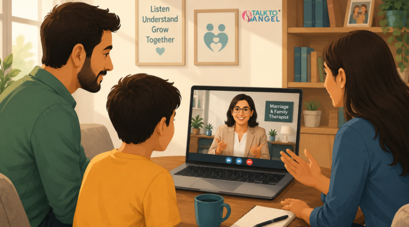 Family discussing in online therapy for family problems session with a marriage and family therapist on a laptop screen