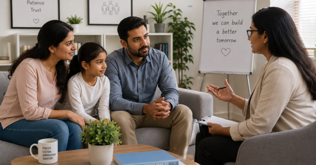 Couple balancing family responsibilities and relationship needs through Marriage and Family Therapy (MFT).