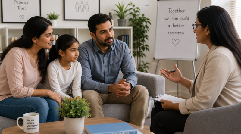 Couple balancing family responsibilities and relationship needs through Marriage and Family Therapy (MFT).