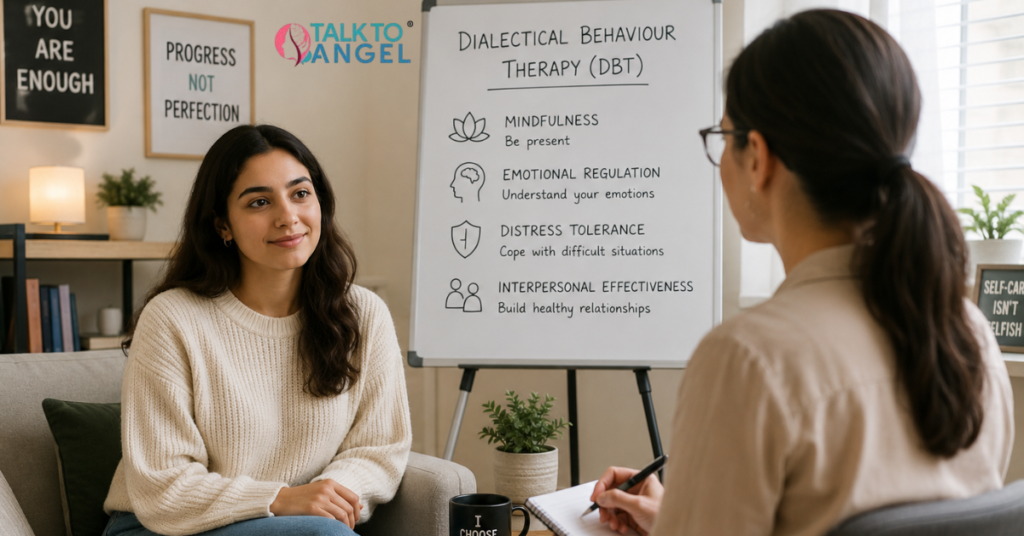 Person taking session Dialectical Behaviour Therapy (DBT) to improve self-esteem, emotional balance, and resilience.