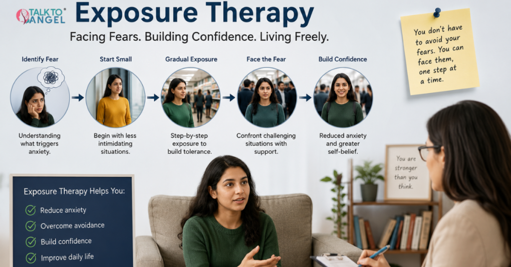 Person gradually facing anxiety-provoking situations with therapist support through exposure therapy.