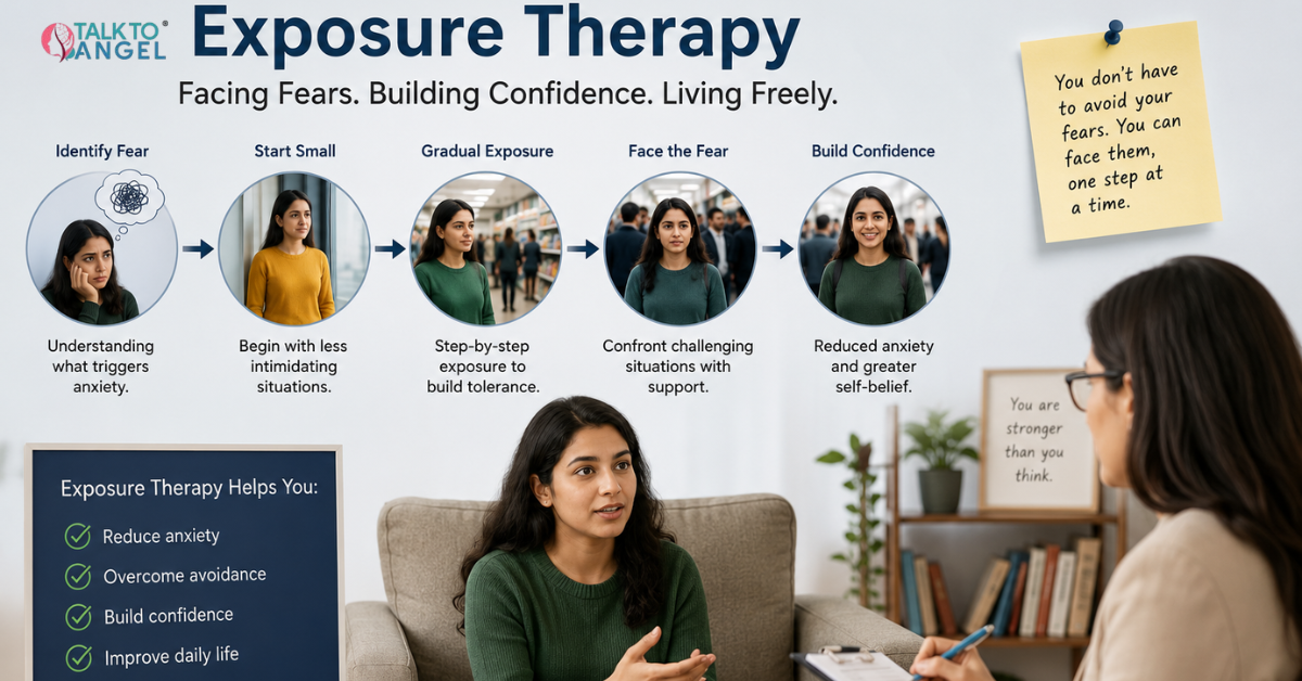 Person gradually facing anxiety-provoking situations with therapist support through exposure therapy.