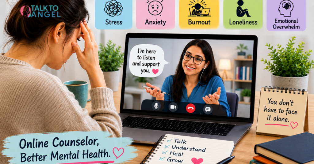 Online counselor providing virtual mental health support to a person experiencing stress and anxiety.