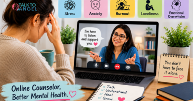 Online counselor providing virtual mental health support to a person experiencing stress and anxiety.