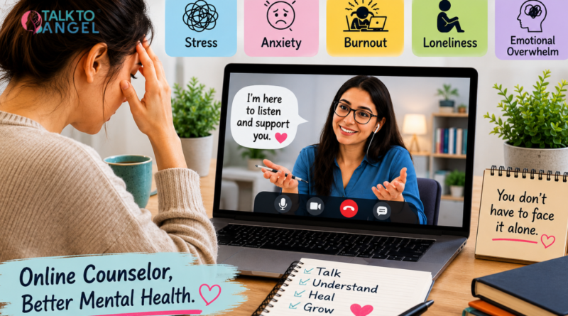 Online counselor providing virtual mental health support to a person experiencing stress and anxiety.