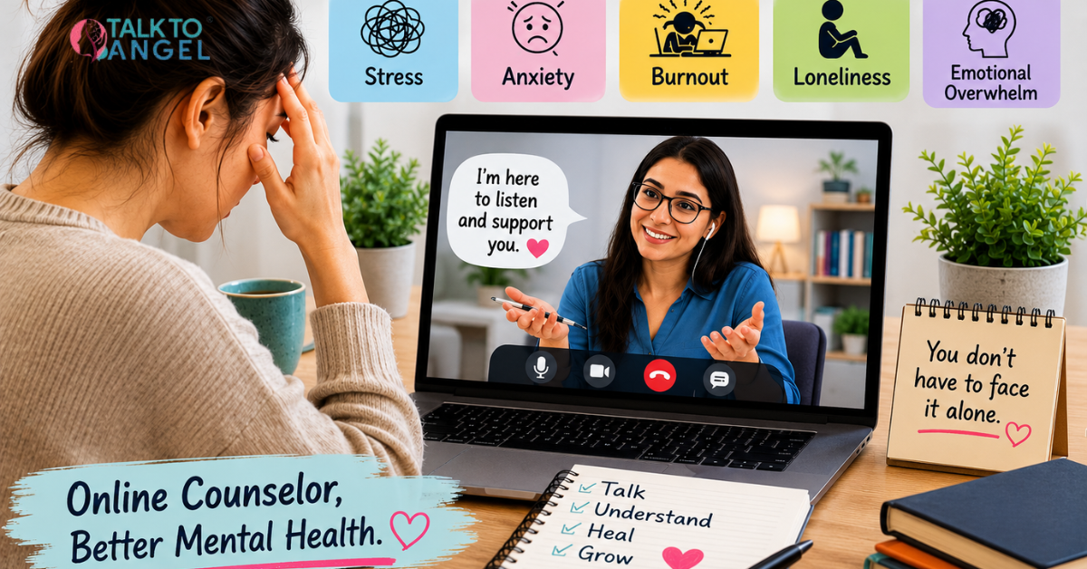 Online counselor providing virtual mental health support to a person experiencing stress and anxiety.