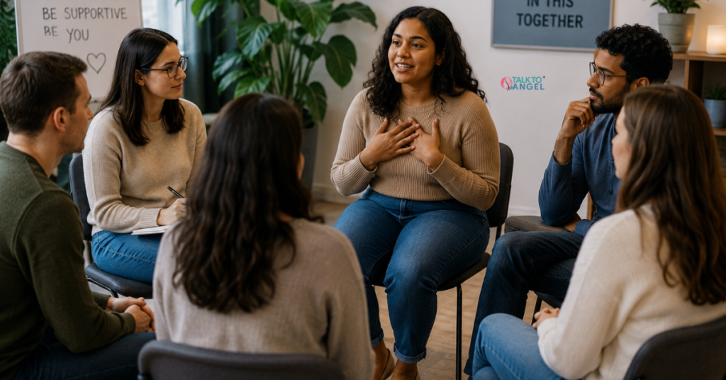 Group therapy session helping individuals express emotions, build confidence, and connect with others.