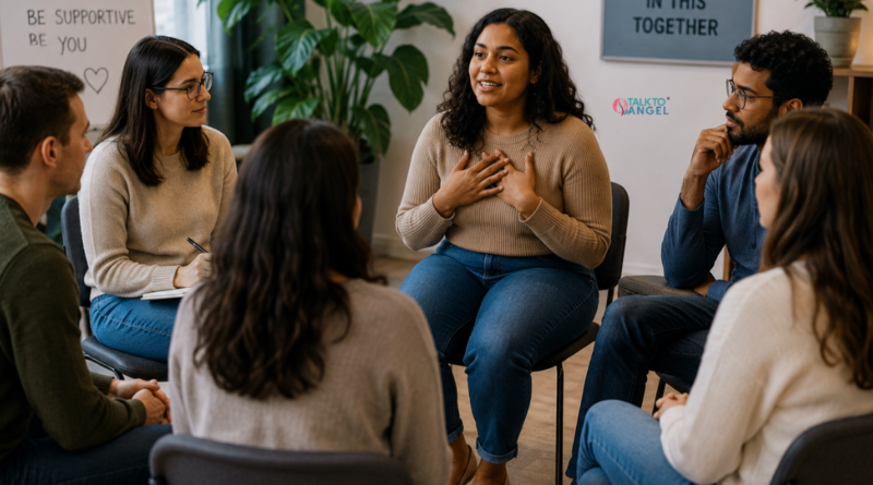 Group therapy session helping individuals express emotions, build confidence, and connect with others.