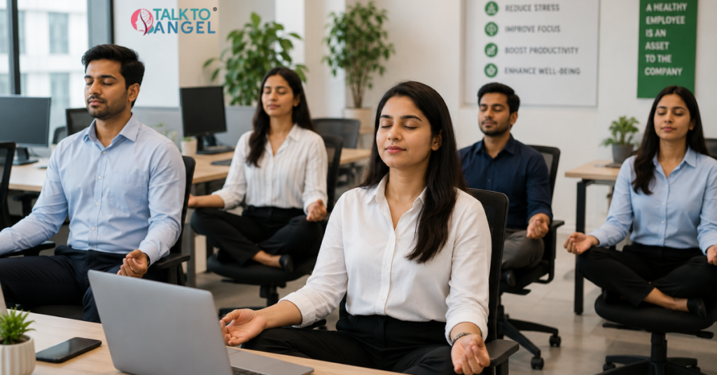 Practicing mindfulness in office to reduce employee burnout and improve productivity
